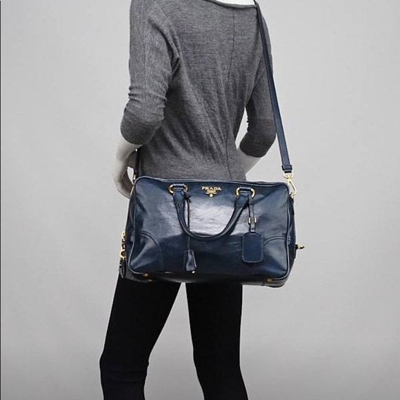 PRADA - Denim Blue Vitello Shine Leather Satchel - Picture 1 of 3